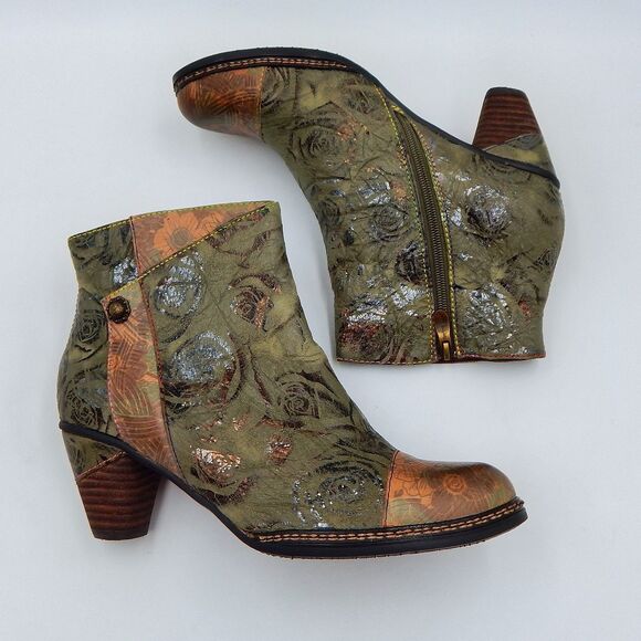 Spring Step L'Artiste Boots 42/11 Green Floral Leather Waterlily Zip Ankle Boho - Picture 7 of 14